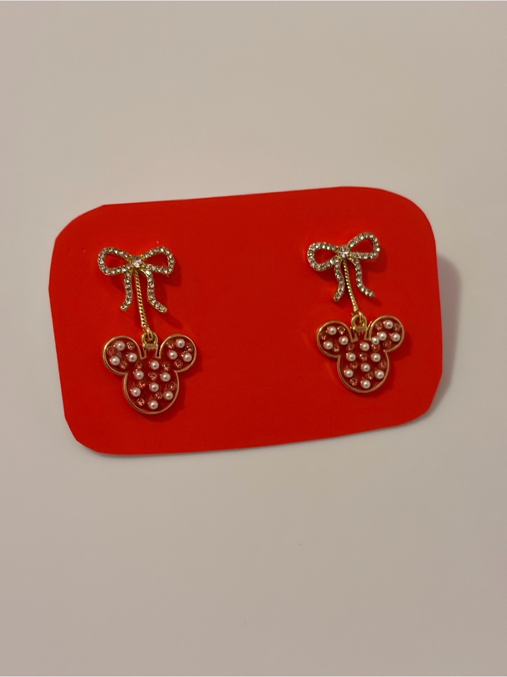 Disney Gold Bow Drop Earrings with Red Pearl Mickey Charm Christmas Baublebar